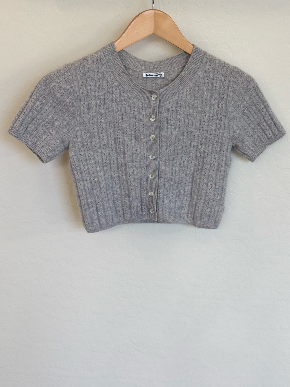 Reformation Gray Charley Cropped Cashmere Ribbed Short Sleeve Cardigan XS